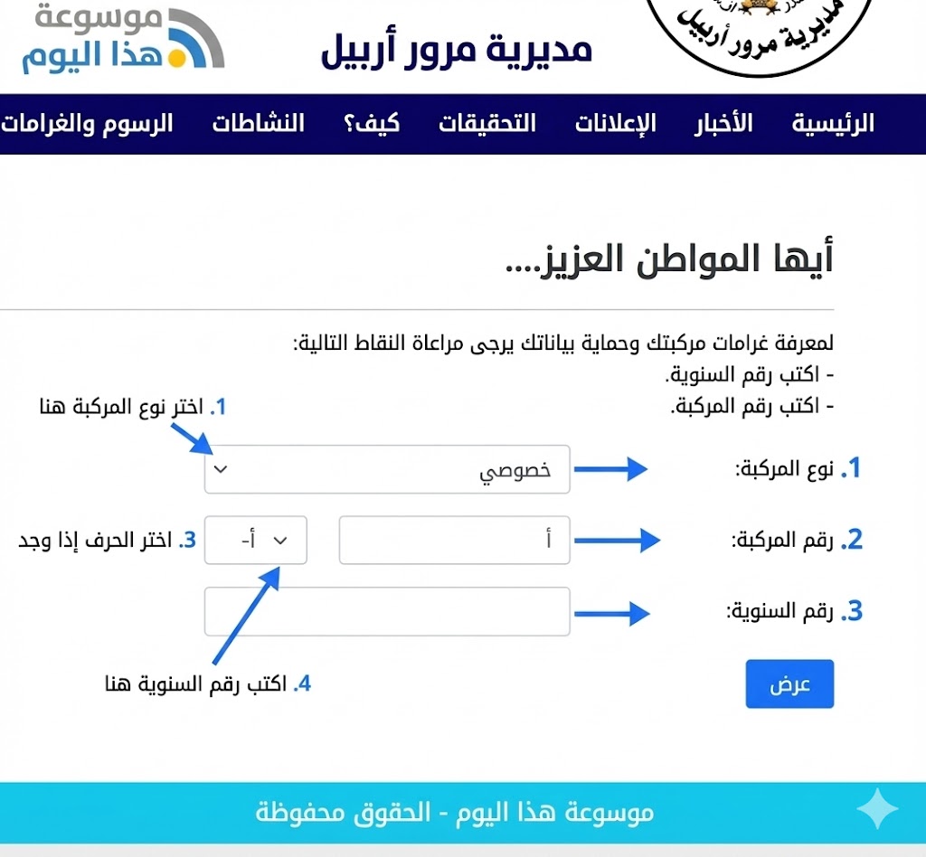 غرامات مرور أربيل 2026: خطوات فحص غرامات المركبات بالرقم والسنوية
